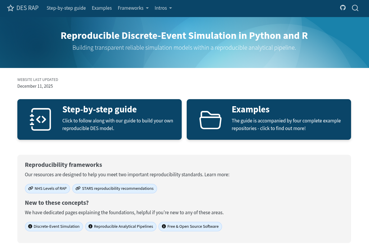 DES RAP Book: Reproducible Discrete-Event Simulation in Python and R