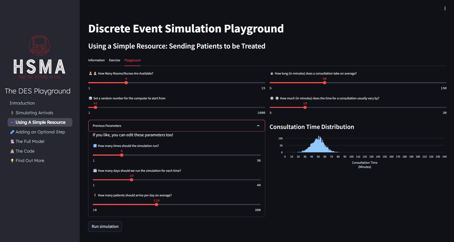 HSMA: The Discrete Event Simulation (DES) Playground